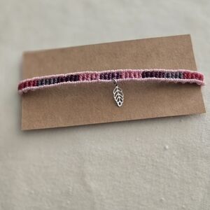 New Handmade Pink and Purple Woven Bracelet with Silver Leaf Charm